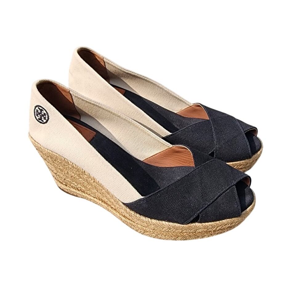 Tory Burch Filipa Canvas Peep Toe Espadrille Wedges 9 - Picture 10 of 10
